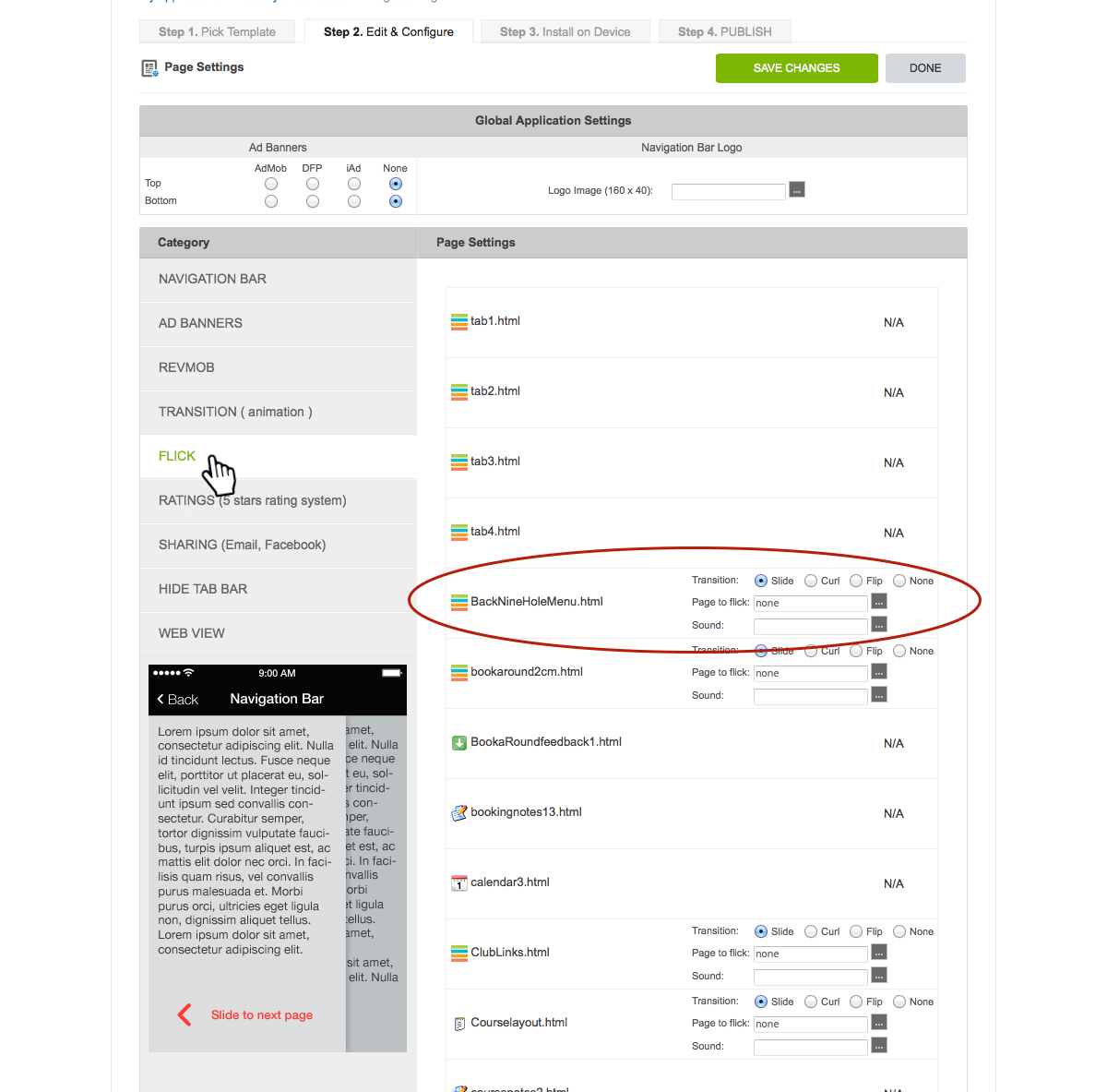 'Flick' settings also allow you to edit how each page transitions from ...